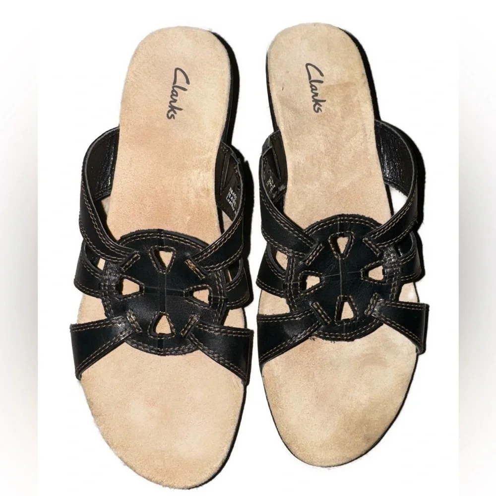 Clarks Black Leather Comfort Slide Sandals Women’s Size 7M beach shoes